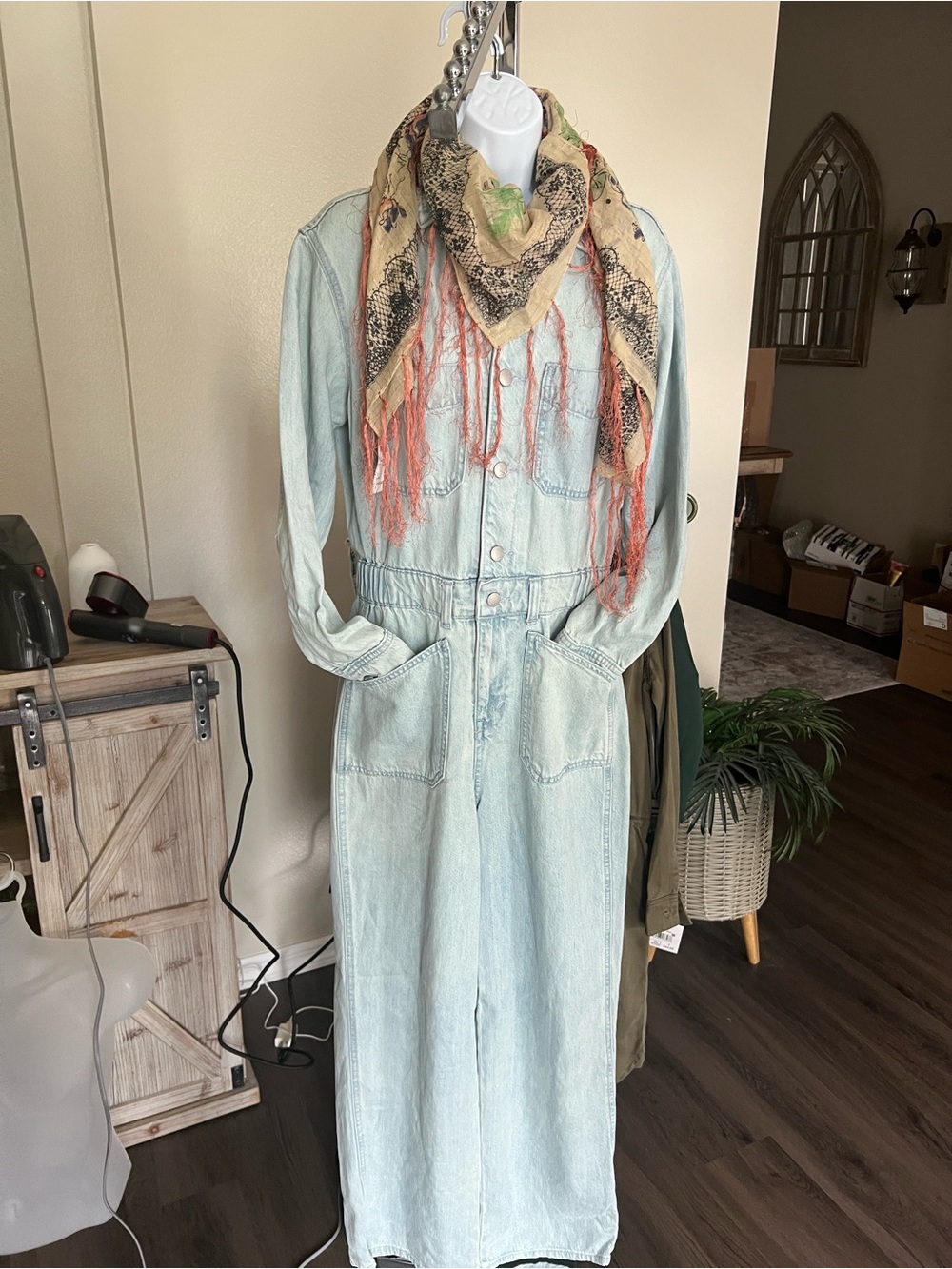 Light Wash Denim jumpsuit with Elastic Waist